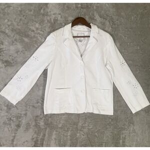 Susan Graver White Embroidered Stretch Denim Jacket Cutout Floral Women L